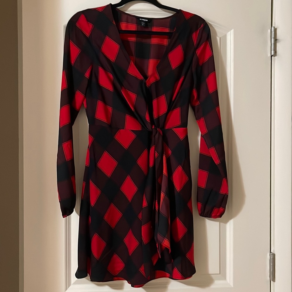 Express Red/Black buffalo plaid wrap dress